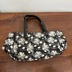 ★和柄トート★花柄ブラック布バッグ 合皮持ち手付き レトロデザイン