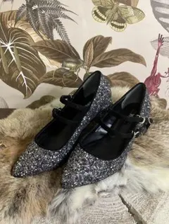 SALE R＆Ｅ　グリッター　ラメパンプス　ダブルストラップ　ポインテッドトゥ
