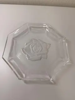ガラスプレート 八角皿 薔薇 ローズ レリーフ クリアガラス 直径21cm