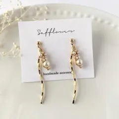 #139 ツイストスティック×パール きれいめ ハンドメイドピアス イヤリング