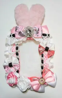 【G9】硬質ケースデコ うさ耳 ホワイト × ピンク 白 桃 黒 薔薇