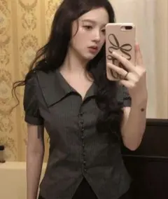 SHEIN 韓国風レトロストライプ半袖レディースシャツ