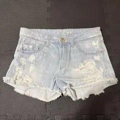 ライトブルー ダメージ加工 ショートパンツ