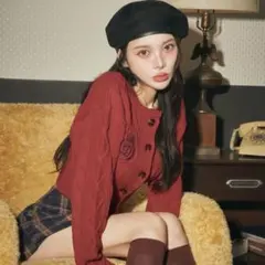 エンブレムニットカーディガン F RED