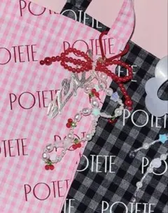 3点セット POTETE ノベルティ ピンク チェック バッグ チャーム 4点 