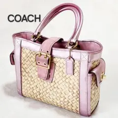 COACH ピンク レザー×ラフィア トートバッグ
