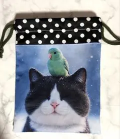 2717✨雪猫ちゃん巾着✨ハチワレと鳥さん　両面パネル　ハンドメイド