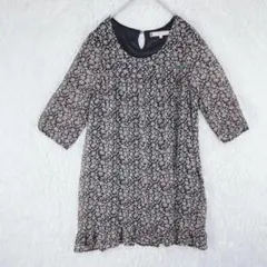 【ピンクアドベ】膝丈 七分袖 カットソー ワンピース 花柄 M ブラックのサムネイル