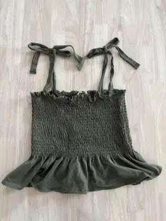 H&M フリルキャミソール　リボン　クロップド　ショート丈　タンクトップ　カーキ