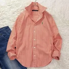 ラルフローレン ストライプシャツ M オレンジ コットン 緑 ポニー刺繍 春