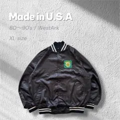 【80s 90s】USA製サテンスタジャン刺繍ワッペン博物館XL短丈ブラック古着