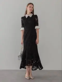 パールカラーボウタイフラワーレースフィッシュテールワンピースドレス結婚式二次会