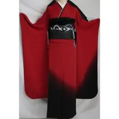 美品振袖7点セット帯新品丈157.5cm帯締めフルセット赤黒グラデ成人式CF06