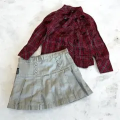 COMME CA ISM 90cm 上下セット赤チェックシャツ プリーツスカート