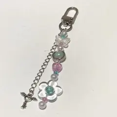 ビーズキーホルダー 韓国 オタ活 ピンク 青 ハート 一点物 ストラップ