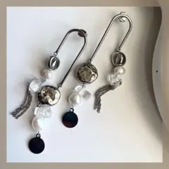 ③モード メタル 淡水パール 天然石 ハンドメイドピアス 大ぶり クリア 個性的