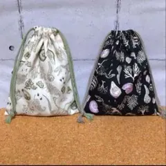 恐竜骨格&化石柄【Ａ】巾着袋２枚セット ハンドメイド