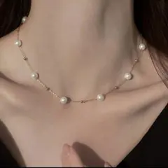 パールネックレス　ステーションネックレス　ゴールド　華奢　上品　フォーマル