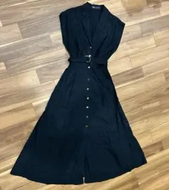 ZARA リネンブレンド黒フレンチスリーブロングワンピース　XS