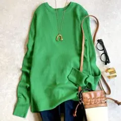 美品 スピック&スパン ハイゲージリブプルオーバー グリーン クルーニット