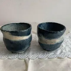 ネイビーとホワイトのストライプ茶碗2個セット