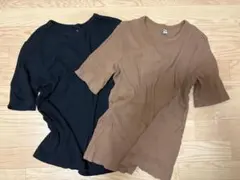 ユニクロ　リブクルーネックTシャツ　ブラック・ブラウン五分袖Tシャツ2枚セット