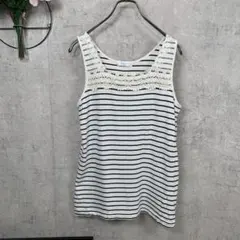 SaLLy's タンクトップ レース L ネイビー ボーダー 綿100％