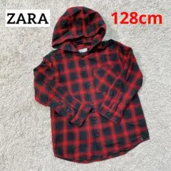 ZARA ザラキッズ　フード付きチェックシャツジャケット　赤　128cm