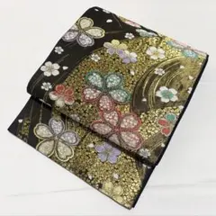 A5 桜の花模様 金糸 金通し 黒 正絹 六通 袋帯 フォーマル 振袖用 O1