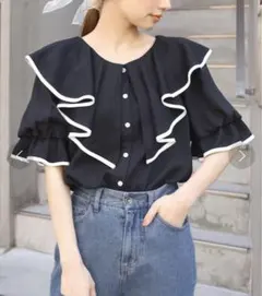 【本日完全削除】配色パイピング襟フリルブラウス NICE CLAUP