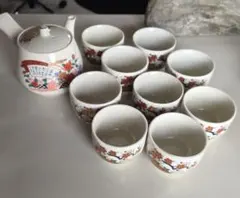 湯呑9客・急須セット】九谷焼 茶器セット 金彩 菊文様 扇面 昭和レトロ