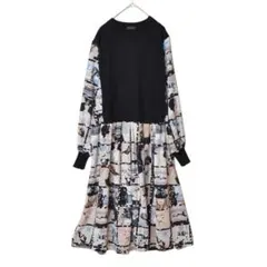 M〜L レイヤード風 アート柄 ドッキング ワンピース レディース/ブラック