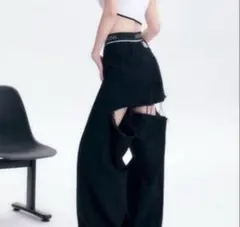 ANDWANG Msizeカットアウト ブラックデニムワイドレッグパンツ