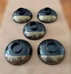 漆器（樹脂製）椀 黒 花模様 金色装飾　蓋のみ５個セット