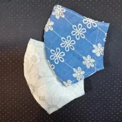 デニム地とペパーミント花柄刺繍の立体マスクのサムネイル