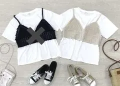 ティティクラッピー♡クロシェキャミ＆Tシャツのセットアップ　淡薄橙　Lサイズ