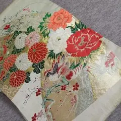 ◆1374◆セミアンティーク　名古屋帯　菊花牡丹に鴛鴦　おしどり　正絹　着物帯