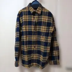 ネイビーとイエローのチェックフランネルシャツ S ユニセックス