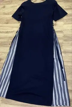 ネイビー 半袖 シャツワンピース ストライプ