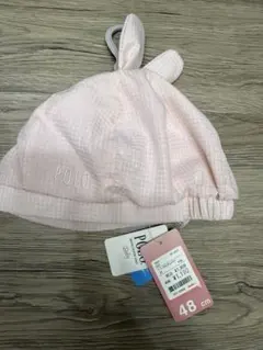 【新品】POLO ベビー帽子 48cm ピンク チェック　うさみみ