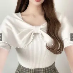 GRL グレイル パールリボンニットトップス アイボリー 半袖[dr672a]