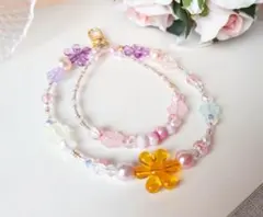 ビーズストラップ スマホストラップ フラワー パステル 2連 ハンドメイド