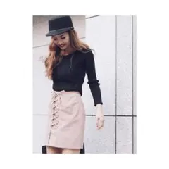 【美品】リエンダレースアップタイトジャストウエストスカート ベージュミニスカート