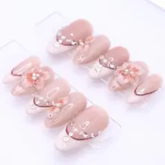 【473】ネイルチップSサイズ ピンク ベージュ　3D花柄 フレンチ　マグネット