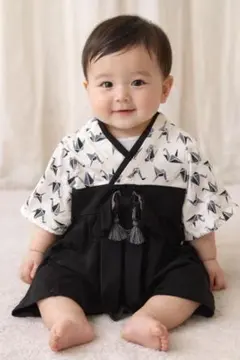 和風ベビー服 袴ロンパース　折り鶴柄 80㎝