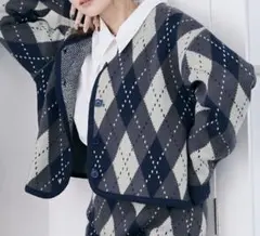 ♡冬 アーガイルカーディガン ネイビー ゆったり 長袖 カーデ ニット 冬服
