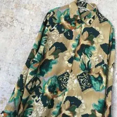 古着シャツ 古着 シャツ レトロ グリーン 総柄 アート メンズ 長袖 総柄