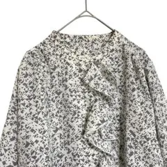 オペークドットクリップ　バンドカラー フリル 総柄ブラウス　白　L