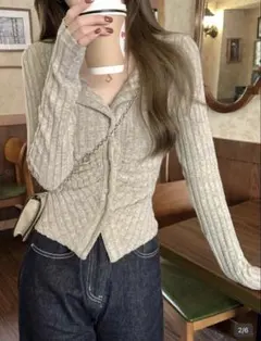 shein リブ編みベージュ　長袖カーディガン　ベージュ ニット 細見え