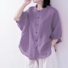 【サマーセール】シャツブラウス XXL 綿麻混 ふんわり 五分袖 パープル